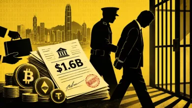 Handcuffed banker escorted to jail cell near $1.6B documents and crypto coins.