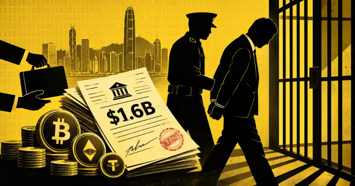 Handcuffed banker escorted to jail cell near $1.6B documents and crypto coins.
