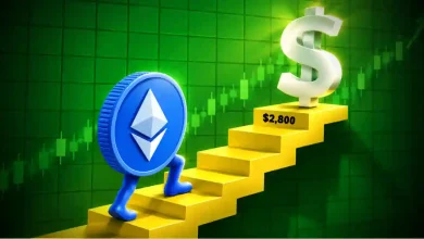 Ethereum coin walking up stairs toward $2,800 sign.