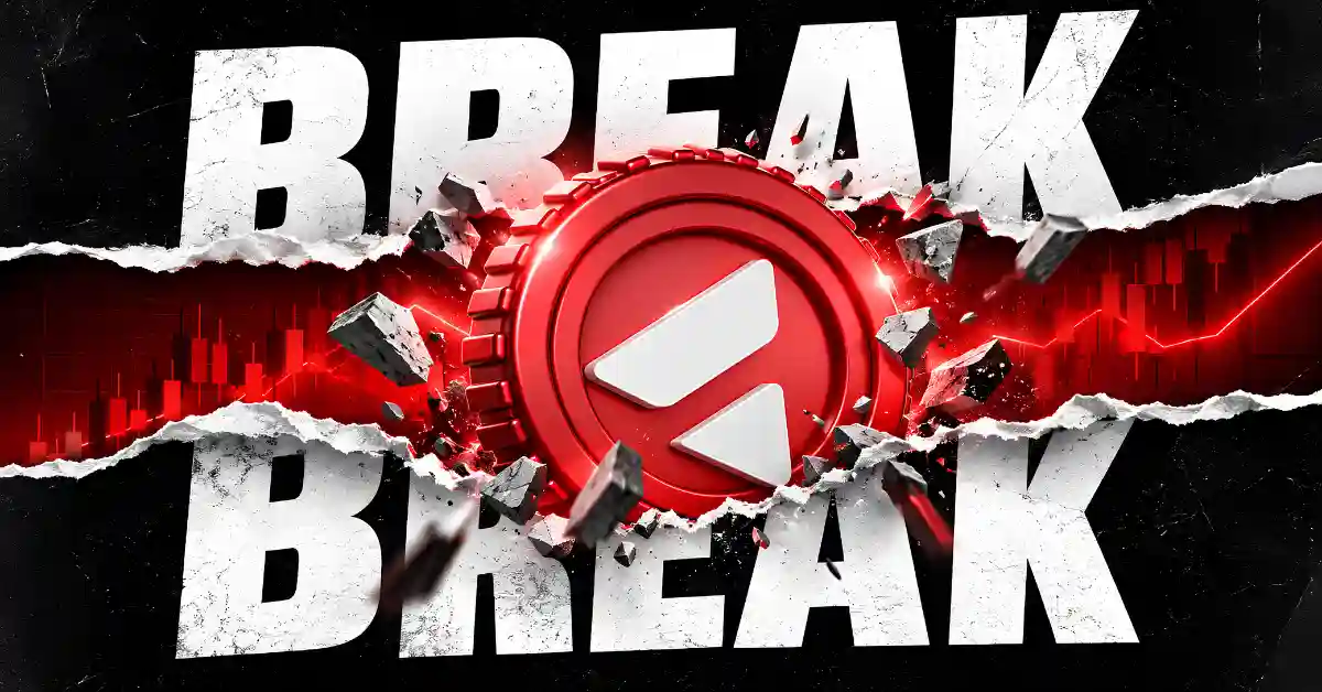 A red Avalanche (AVAX) coin shattering through a stone wall displaying "BREAK" against a red chart background.