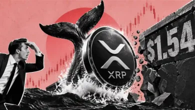 XRP coin hitting $1.54 resistance wall with whale tail.