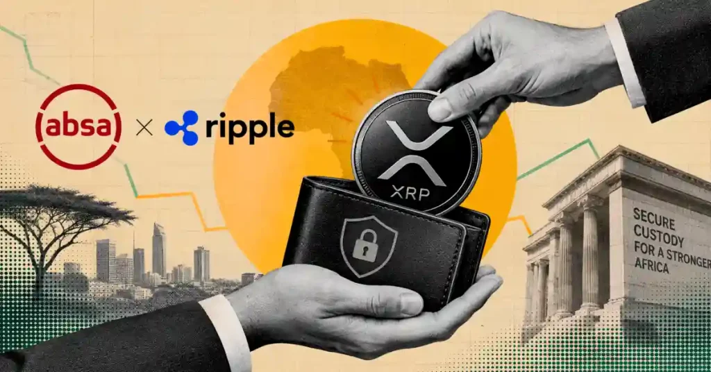 Absa and Ripple logos with an XRP coin placed in a wallet over Africa background