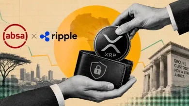 Absa and Ripple logos with an XRP coin placed in a wallet over Africa background
