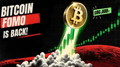 Bitcoin coin surging upward on a green candlestick chart past $86,400