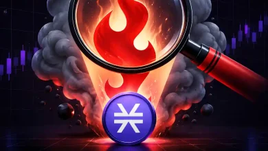 Stacks STX token with flames under a magnifying glass