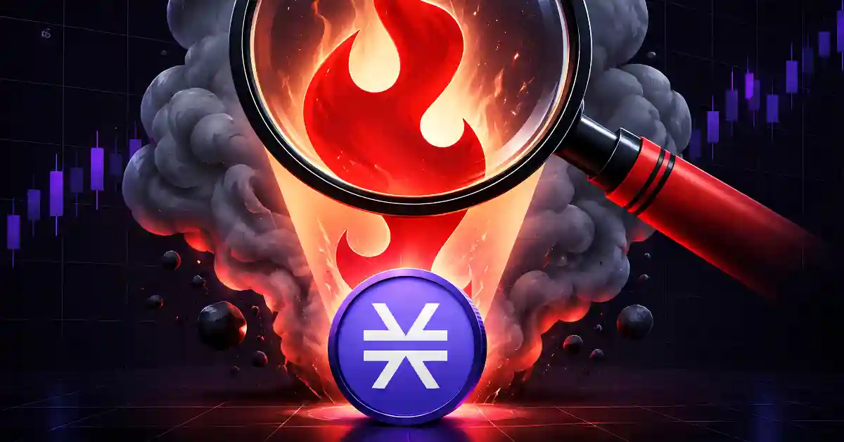 Stacks STX token with flames under a magnifying glass