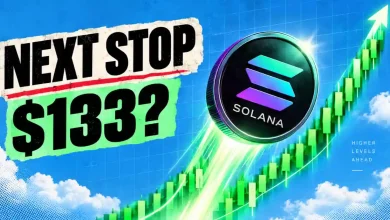 Solana SOL coin with rising candlestick chart pointing to $133 target
