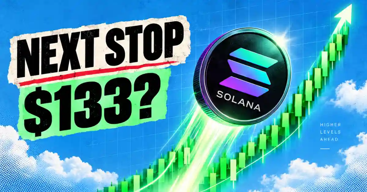 Solana SOL coin with rising candlestick chart pointing to $133 target