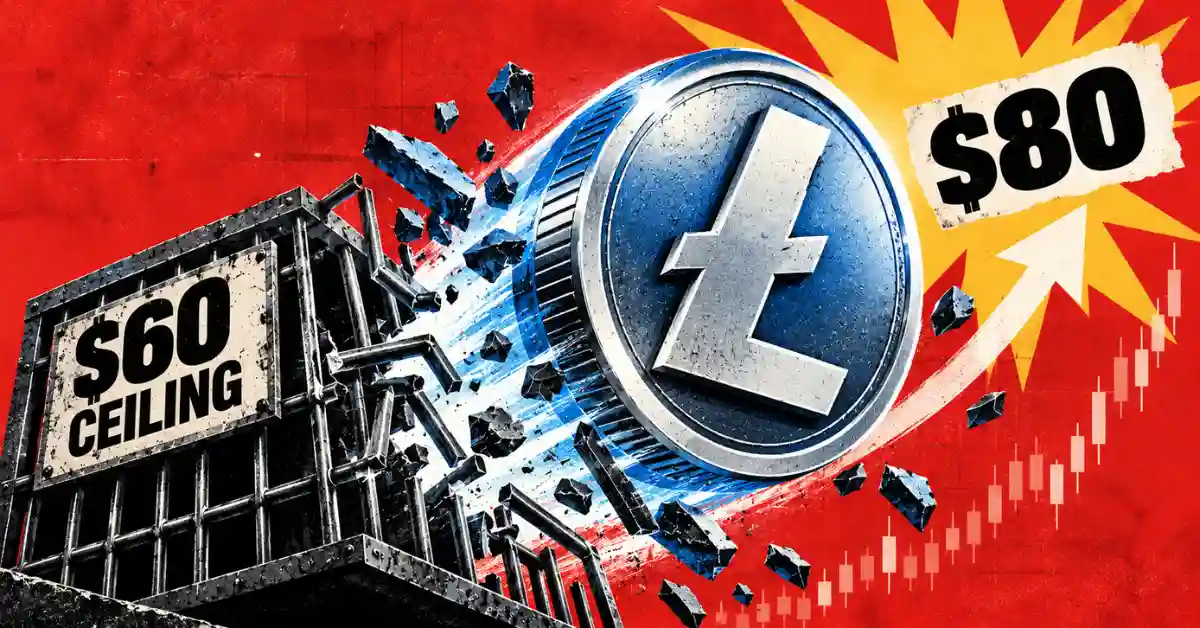 Litecoin coin breaking a $60 ceiling structure toward $80 target