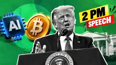 Donald Trump at podium with AI microchip and Bitcoin coin