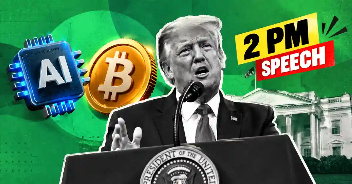 Donald Trump at podium with AI microchip and Bitcoin coin