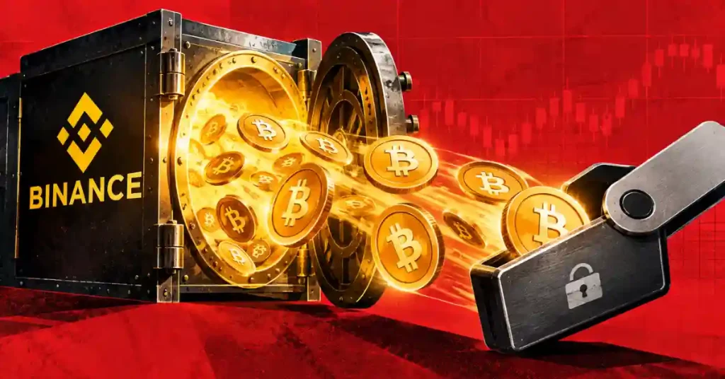 itcoin coins flowing out of Binance vault into a cold storage wallet