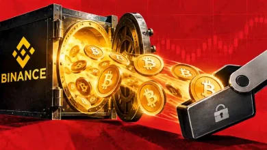 itcoin coins flowing out of Binance vault into a cold storage wallet