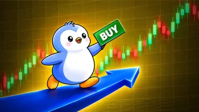 Pudgy Penguin character holding a buy sign on a rising blue arrow