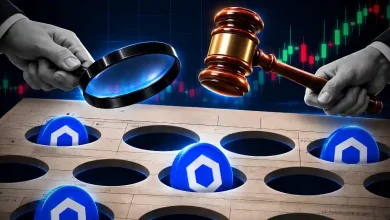 Chainlink LINK coins under a magnifying glass and gavel with price chart