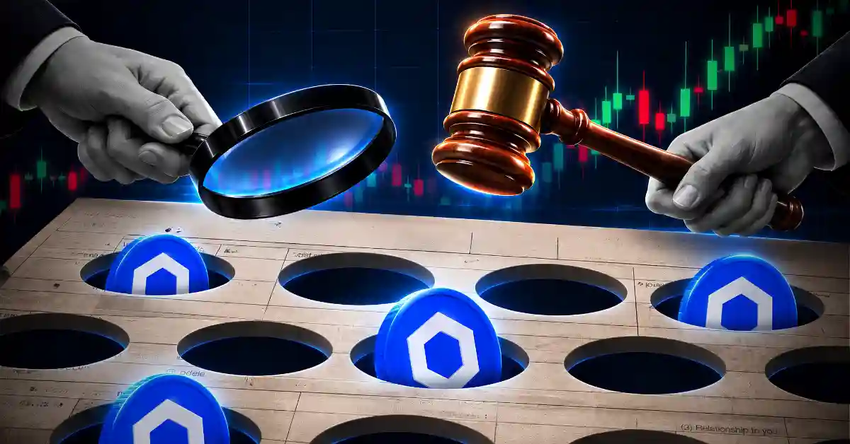 Chainlink LINK coins under a magnifying glass and gavel with price chart