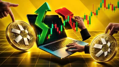 Quant QNT coins with laptop trading chart and rising green arrow