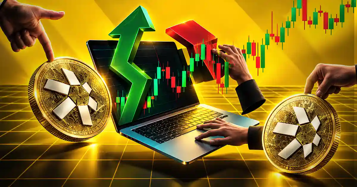 Quant QNT coins with laptop trading chart and rising green arrow