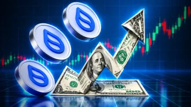 SUI coins with a rising dollar bill arrow and trading price chart