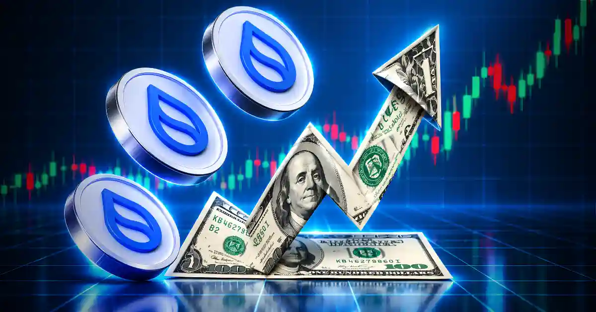SUI coins with a rising dollar bill arrow and trading price chart