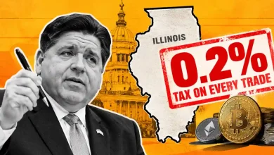 Governor JB Pritzker with Illinois map and 0.2 percent crypto tax stamp