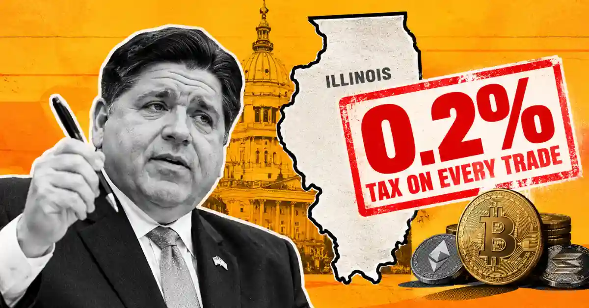 Governor JB Pritzker with Illinois map and 0.2 percent crypto tax stamp
