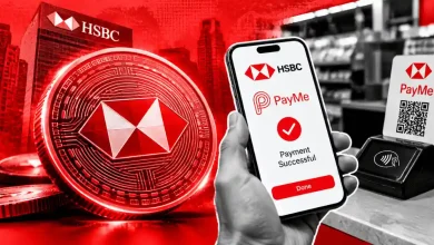 Glowing HSBC red coin next to a phone displaying PayMe payment success