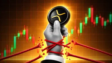 Hand holding XRP token breaking red ropes with candlestick chart