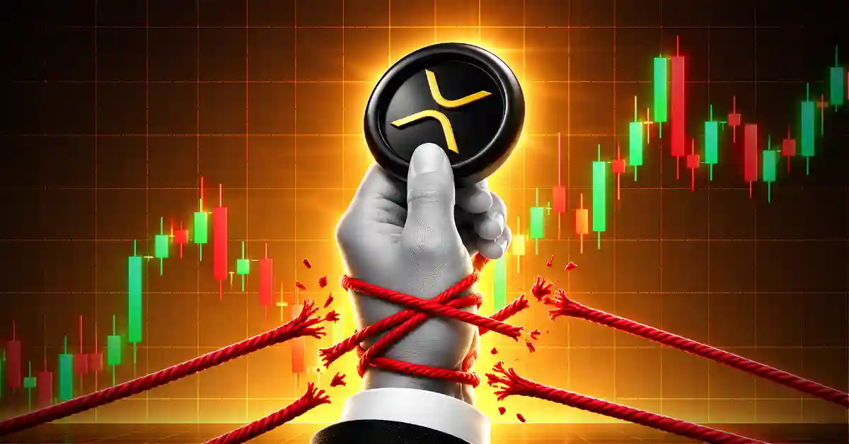 Hand holding XRP token breaking red ropes with candlestick chart