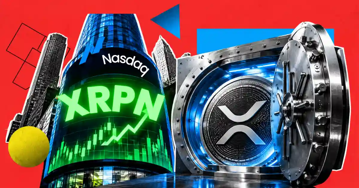 Nasdaq tower displaying XRPN alongside bank vault with XRP coin