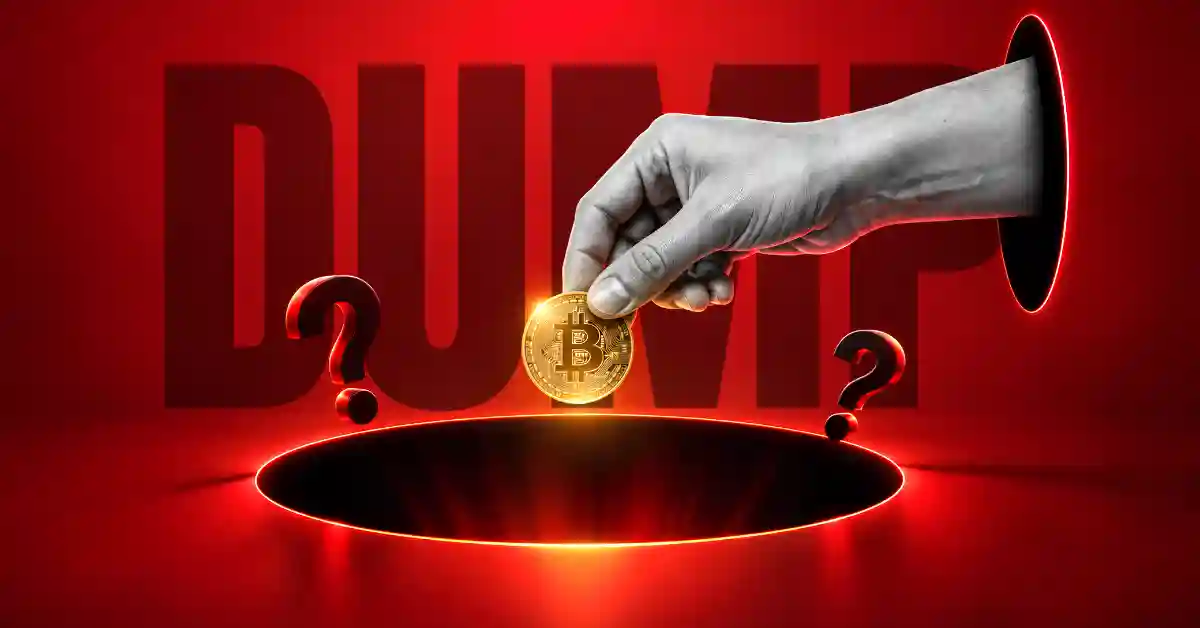 Hand dropping Bitcoin into a dark hole near DUMP text