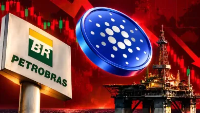 Cardano ADA coin near Petrobras sign and oil rig with falling price arrow