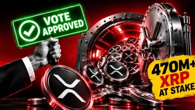Hand holding Vote Approved sign near open vault overflowing with XRP tokens