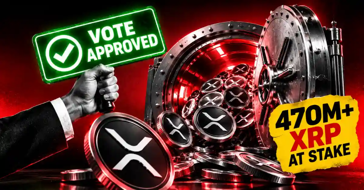 Hand holding Vote Approved sign near open vault overflowing with XRP tokens
