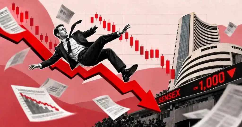 Businessman falling along red downward chart arrow near BSE Sensex building displaying -1,000