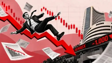 Businessman falling along red downward chart arrow near BSE Sensex building displaying -1,000