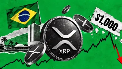 XRP coins with Brazil flag and falling price chart near $1,000 tag