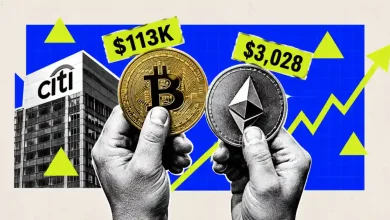 Citi building with hands holding Bitcoin and Ethereum coins marked $113K and $3,028