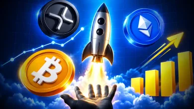 Rocket launching upward surrounded by Bitcoin, XRP, and Ethereum coins