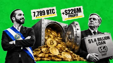 President Bukele next to Bitcoin vault and IMF official with loan briefcase