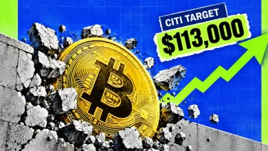 Bitcoin coin breaking through stone wall with green upward chart arrow and Citi Target $113,000