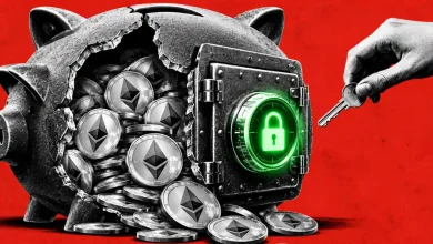Cracked piggy bank safe revealing Ethereum coins with key reaching door