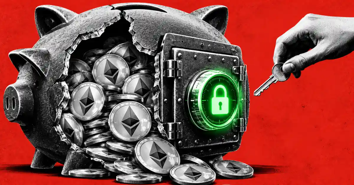 Cracked piggy bank safe revealing Ethereum coins with key reaching door