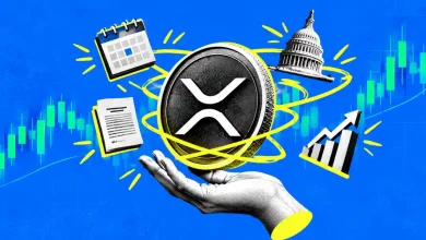 Hand holding XRP coin surrounded by calendar, US Capitol, document, and growth chart