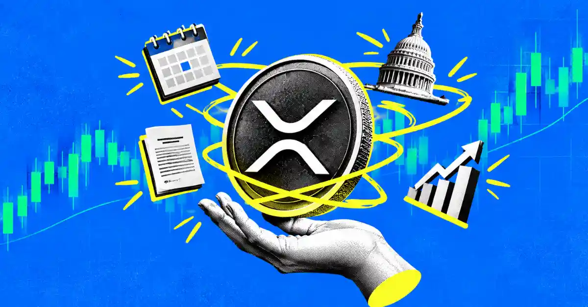 Hand holding XRP coin surrounded by calendar, US Capitol, document, and growth chart