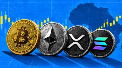 Bitcoin, Ethereum, XRP, and Solana coins aligned over map of Africa with candlestick charts