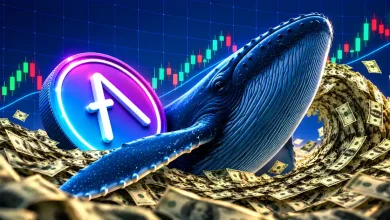 Blue whale swimming through cash wave next to AAVE coin with green candlestick chart