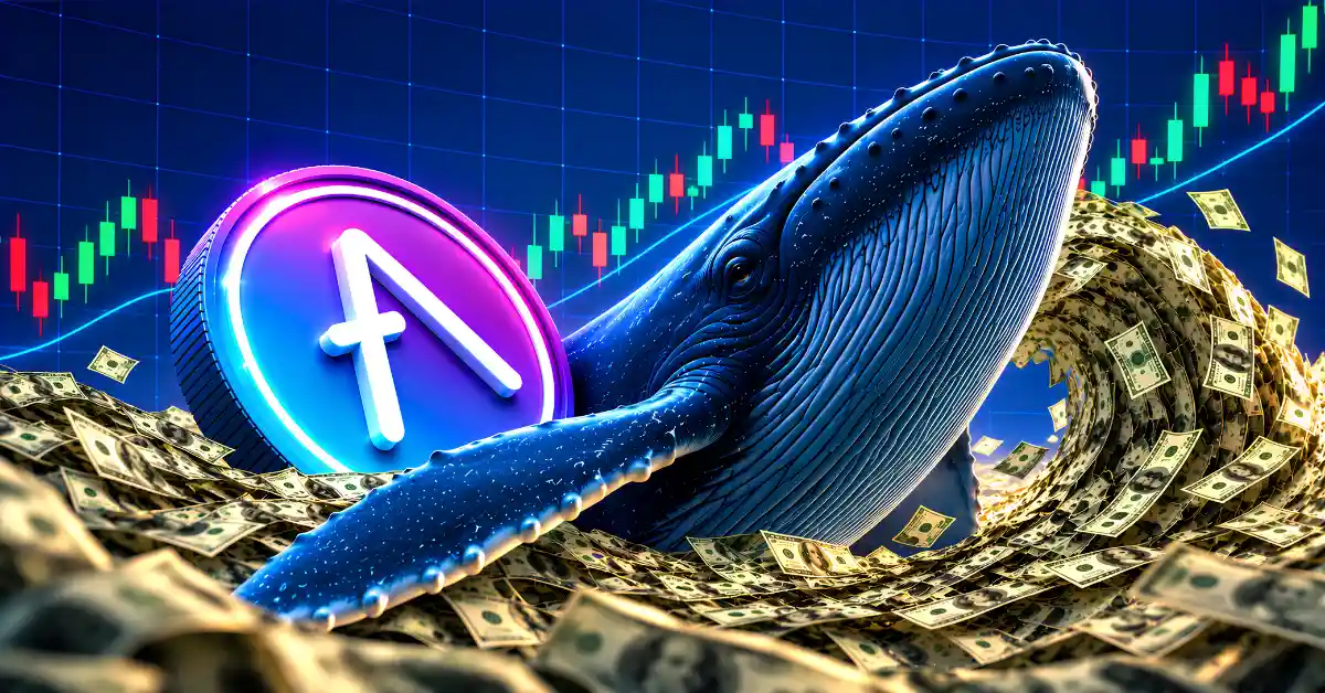 Blue whale swimming through cash wave next to AAVE coin with green candlestick chart