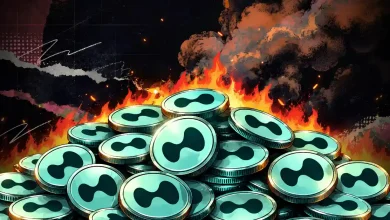 Pile of glowing teal Hyperliquid HYPE coins burning in bright flames