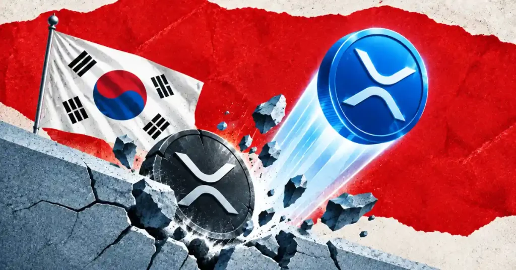Blue XRP coin bouncing off broken wall with South Korean flag in background
